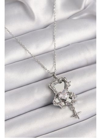 316L Çelik Gümüş Renk Ayna Ayıcık Model Zirkon Taşlı Kalp Detay Kadın Kolye