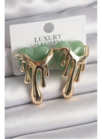 Pirinç Gold Renk Yeşil Sedefli Akan Kalp Model Kadın Küpe