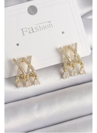 Pirinç Gold Renk Zirkon Taşlı X Model Sallantı Detay Kadın Küpe