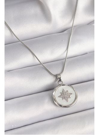 316L Çelik Gümüş Renk Zincir Beyaz Sedefli Zirkon Taşlı Yıldız İşleme Model Kadın Kolye