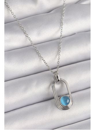316L Çelik Gümüş Renk Zincir Mavi Kedi Göz Model Kadın Kolye
