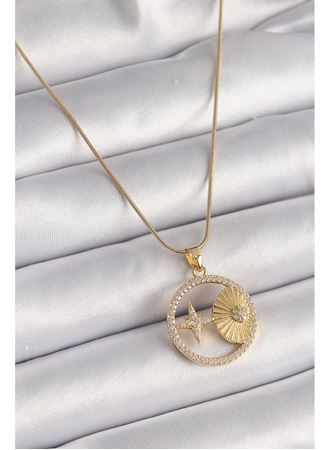 316L Çelik Gold Renk Zincir Zirkon Taşlı Yıldız İşleme Madalyon Model Kadın Kolye