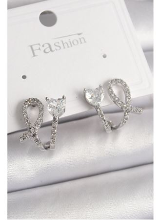 Pirinç Gümüş Renk Düğüm Model Zirkon Taşlı Kalp Detay Kadın Küpe