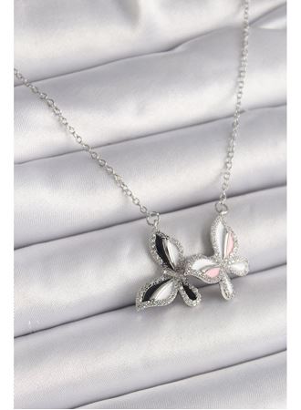 316L Çelik Gümüş Renk Zincir Zirkon Taşlı Renkli Kelebek Model Kadın Kolye