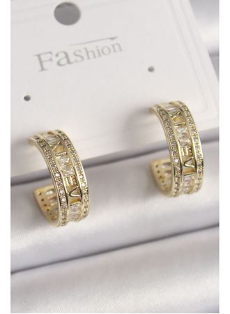 Pirinç Gold Renk Zirkon Taşlı İşleme Detay Halka Model Kadın Küpe