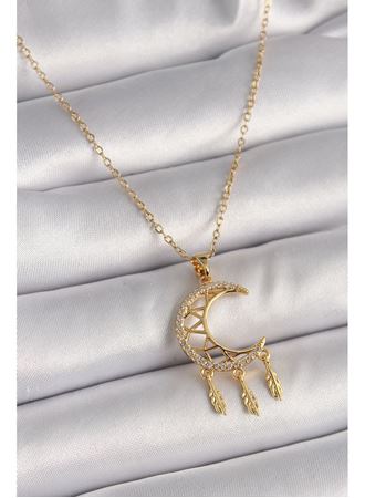 316L Çelik Gold Renk Zincir Zirkon Taşlı Hilal Model Sallantı Yaprak Detay Kadın Kolye