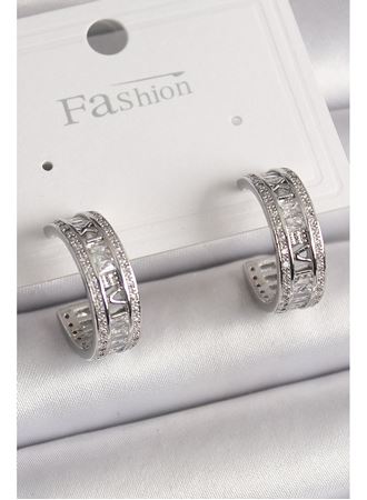 Pirinç Gümüş Renk Zirkon Taşlı İşleme Detay Halka Model Kadın Küpe