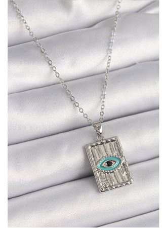 316L Çelik Gümüş Renk Zirkon Taşlı Göz İşleme Detaylı Plaka Model Kadın Kolye