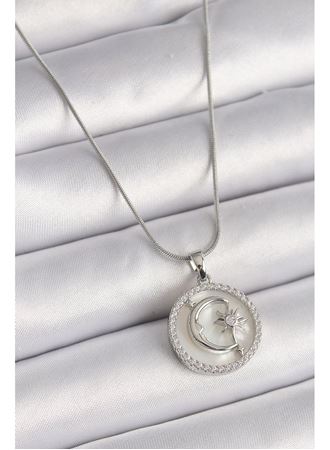 316L Çelik Gümüş Renk Zincir Zirkon Taş Detaylı Beyaz Sedefli Ay Yıldız İşleme Kadın Kolye