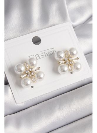 Pirinç Gold Renk Zirkon Taşlı İncili Kadın Küpe