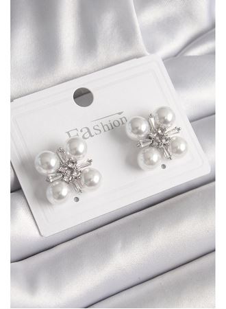 Pirinç Gümüş Renk Zirkon Taşlı İncili Kadın Küpe