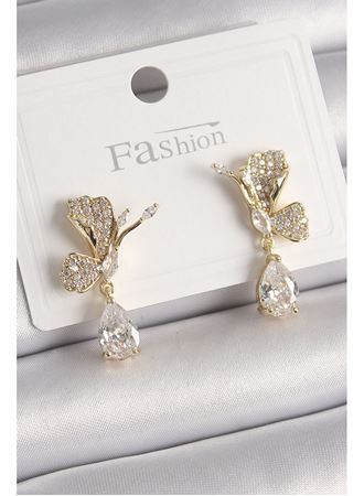 Pirinç Gold Renk Zirkon Taşlı Turna Kuşu Model Sallantı Detay Kadın Küpe