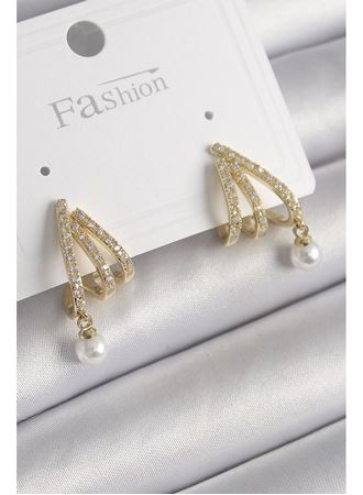 Pirinç Gold Renk Zirkon Taşlı Pençe Model İnci Detay Kadın Küpe