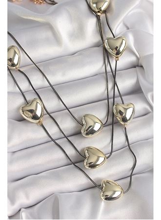 Pirinç Füme Renk Zincir 3D Gold Renk Kalp Model Kadın Kolye