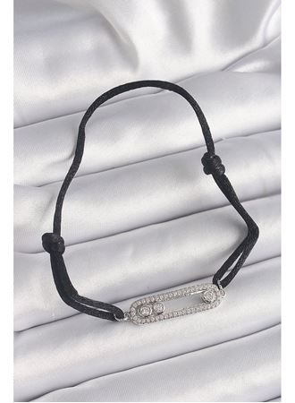 Siyah Renk İpli Asansör Zirkon Taşlı Gümüş Messika Model Kadın Bileklik