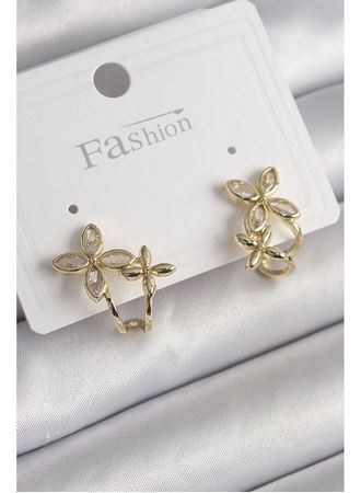 Pirinç Gold Renk Zirkon Taşlı 2'Li Çiçek Model Kadın Küpe
