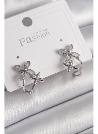 Pirinç Gümüş Renk Zirkon Taşlı 2'Li Çiçek Model Kadın Küpe