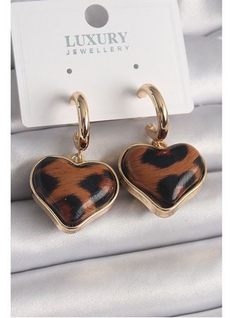 Pirinç Gold Renk 3D Kalp Leopar Desen Model Kadın Küpe