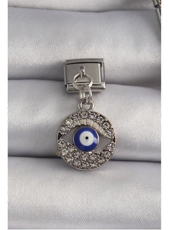 316L Çelik Gümüş Renk Sallantı Zirkon Taşlı Göz Model Nazar Boncuk Detay Nomination Charm