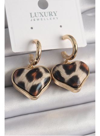 Pirinç Gold Renk 3D Kalp Leopar Model Kadın Küpe
