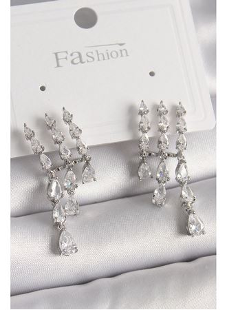 Pirinç Gümüş Renk Zirkon Taşlı Yağmur Model Kadın Küpe