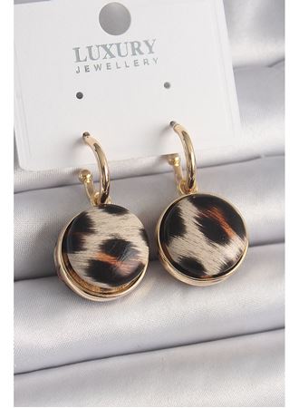 Pirinç Gold Renk Leopar Desenli Daire Model Kadın Küpe