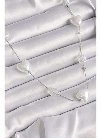 Pirinç Gümüş Renk Beyaz İnci Kalp Model Kadın Kolye