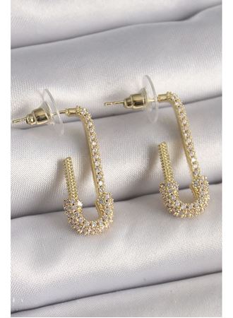 Pirinç Gold Renk Zirkon Taşlı Çengelli İğne Model Kadın Küpe