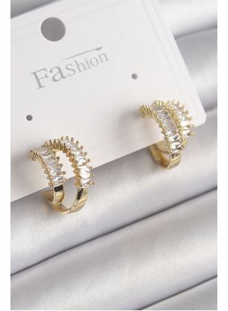 Pirinç Gold Renk 2'Li Zirkon Taşlı Halka Model Kadın Küpe