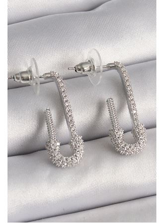 Pirinç Gümüş Renk Zirkon Taşlı Çengelli İğne Model Kadın Küpe