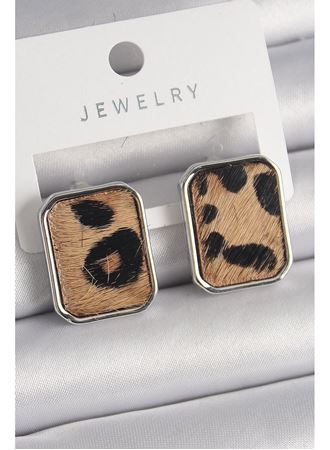 Pirinç Gümüş Renk Leopar Desenli Kare Model Kadın Küpe