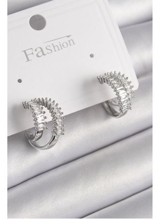 Pirinç Gümüş Renk 2'Li Zirkon Taşlı Halka Model Kadın Küpe