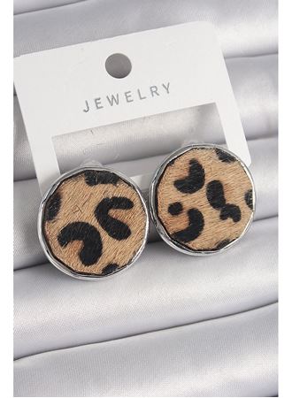 Pirinç Gümüş Renk Daire Plaka Model Leopar Desenli Kadın Küpe