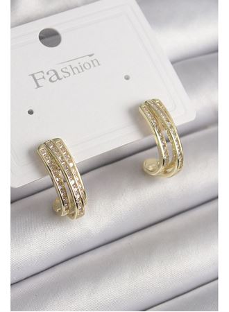 Pirinç Gold Renk Zirkon Taşlı Yarım Halka Model Kadın Küpe