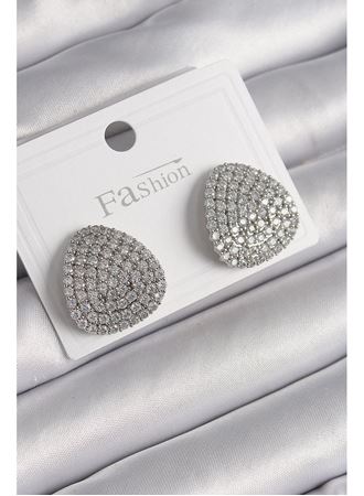 Pirinç Gümüş Renk Zirkon Taşlı Plaka Model Kadın Küpe