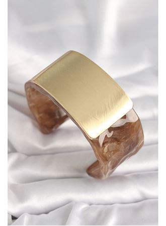 Kahverengi Mermer Desen Akrilik Platik Gold Dikdörtgen Plaka Model Vintage Kadın Bilezik