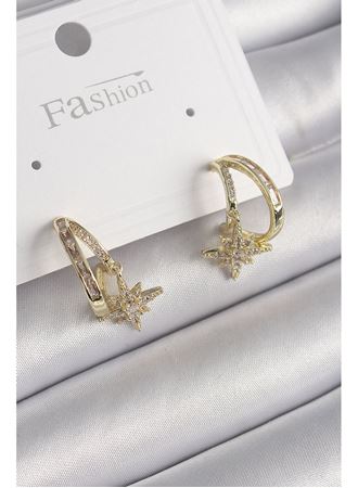 Pirinç Gold Renk Zirkon Taşlı Halka Model Yıldız Detay Kadın Küpe