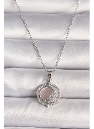 316L Çelik Gümüş Renk Zirkon Taşlı Pembe Sedefli Hilal Model Kadın Kolye