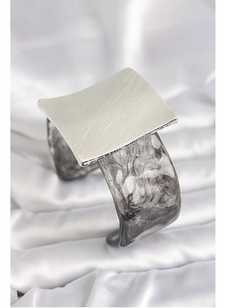 Siyah Mermer Desen Akrilik Plastik Gümüş Kare Plaka Model Vintage Kadın Bilezik