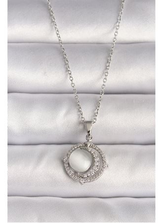 316L Çelik Gümüş Renk Zirkon Taşlı Beyaz Sedefli Hilal Model Kadın Kolye
