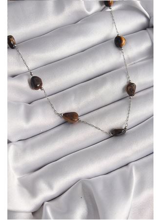316L Çelik Gümüş Renk Zincir Kahverengi Doğaltaş Model Kadın Kolye