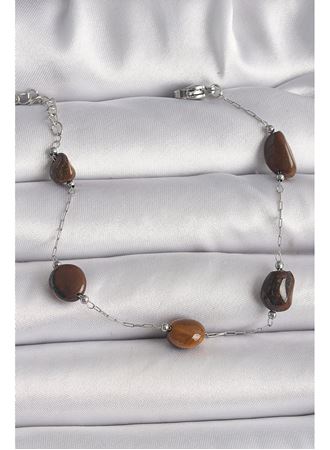 316L Çelik Gümüş Renk Zincir Kahverengi Doğaltaş Model Kadın Bileklik