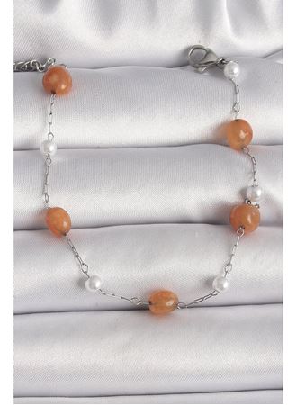 316L Çelik Gümüş Renk Turuncu Doğaltaş Model İnci Detay Kadın Bileklik