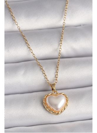 316L Çelik Gold Renk Zincir 3D İnci Kalp Model Kadın Kolye