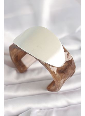 Kahverengi Mermer Desen Akrilik Plastik Gümüş Oval Plaka Model Vintage Kadın Bilezik