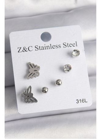 316L Çelik Gümüş Renk Zirkon Taşlı Kelebek Model Kadın Küpe Seti