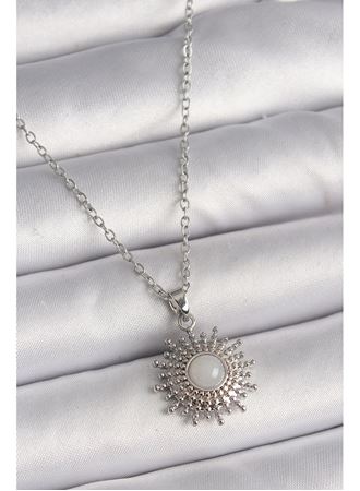 316L Çelik Gümüş Renk Zincir Beyaz Mineli Güneş Model Kadın Kolye
