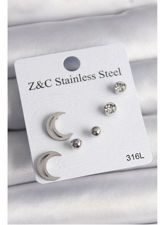 316L Çelik Gümüş Renk Zirkon Taşlı Hilal Model Kadın Küpe Seti