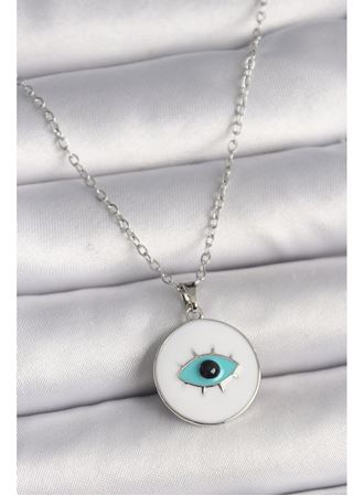 316L Çelik Gümüş Renk Zincir Beyaz Mineli Turkuaz Göz İşleme Model Kadın Kolye