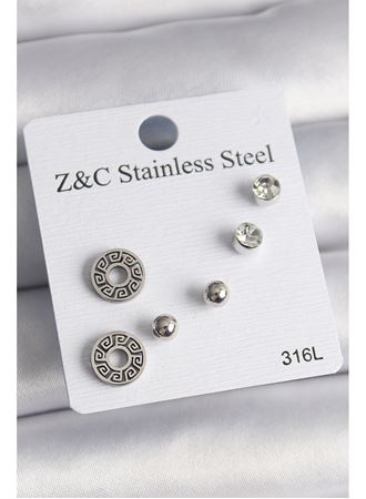 316L Çelik Gümüş Renk Zirkon Taşlı Labirent Model Kadın Küpe Seti